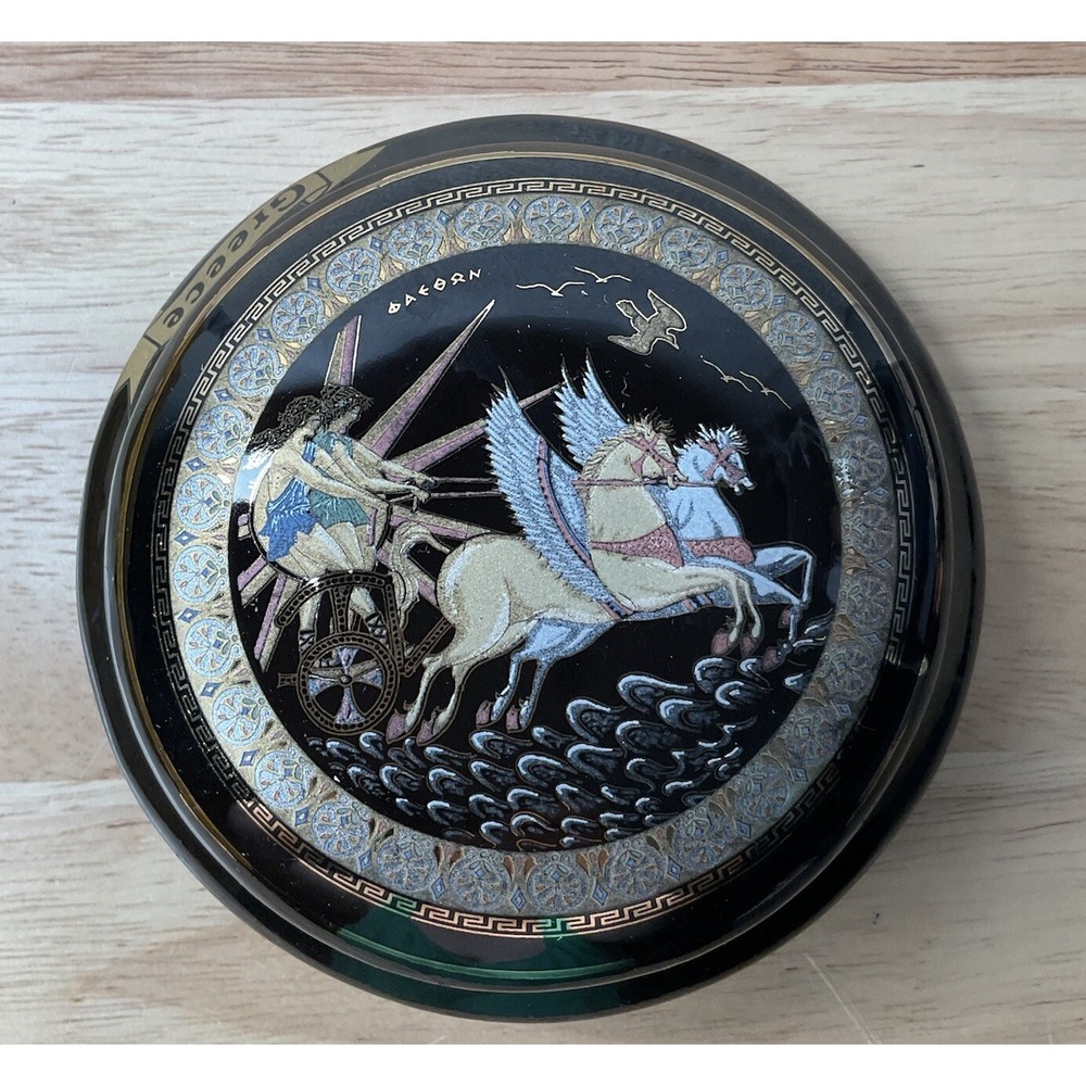 VTG Greek Hand Made Ceramic 2.5" Trinket Box/Dish & Lid w/ 24k Gold